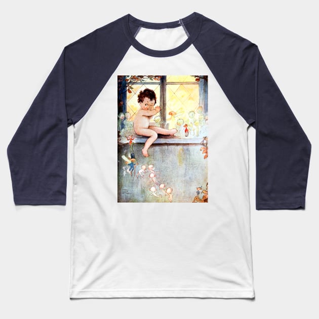 Baby and Fairies in Window - Peter Pan, Mabel Lucie Attwell Baseball T-Shirt by forgottenbeauty